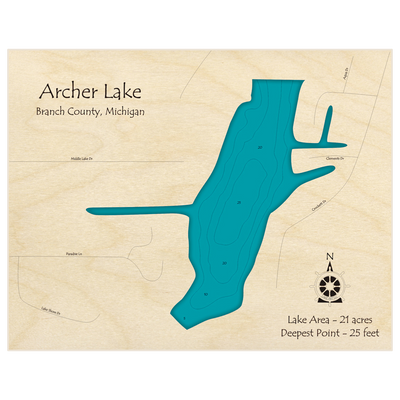 Bathymetric topo map of Archer Lake with roads, towns and depths noted in blue water
