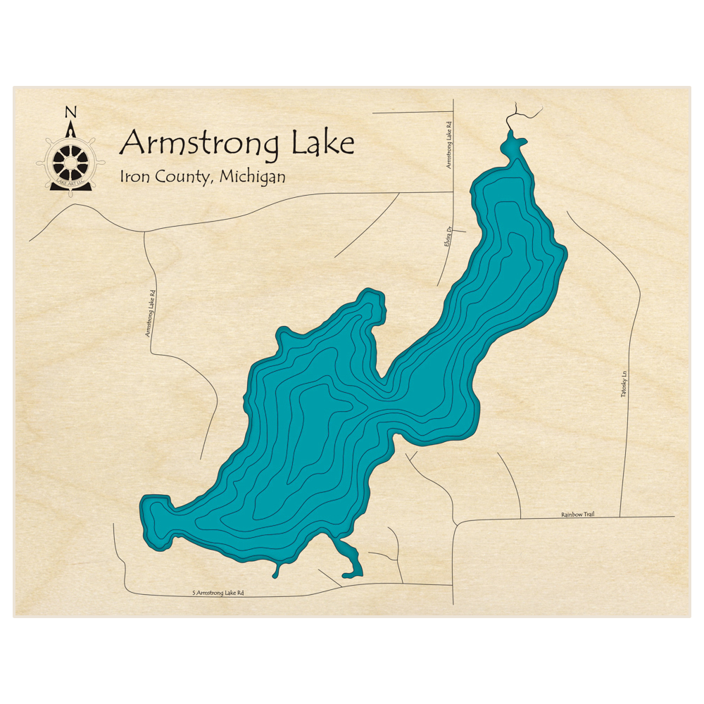 Bathymetric topo map of Armstrong Lake  with roads, towns and depths noted in blue water
