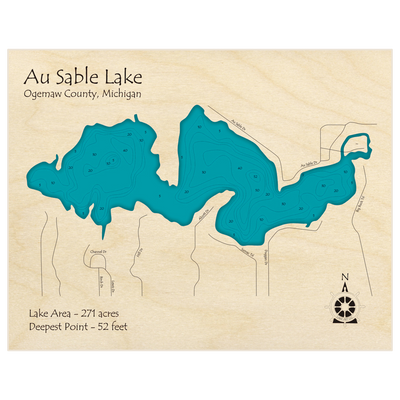 Bathymetric topo map of Au Sable Lake with roads, towns and depths noted in blue water