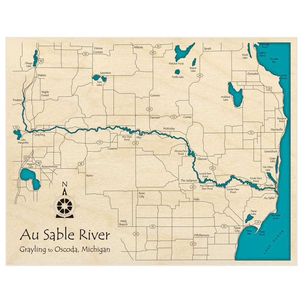 Bathymetric topo map of Au Sable River (Grayling to Oscoda) (NOT A 3D MAP) with roads, towns and depths noted in blue water