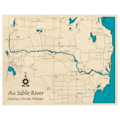 Bathymetric topo map of Au Sable River (Grayling to Oscoda) (NOT A 3D MAP) with roads, towns and depths noted in blue water