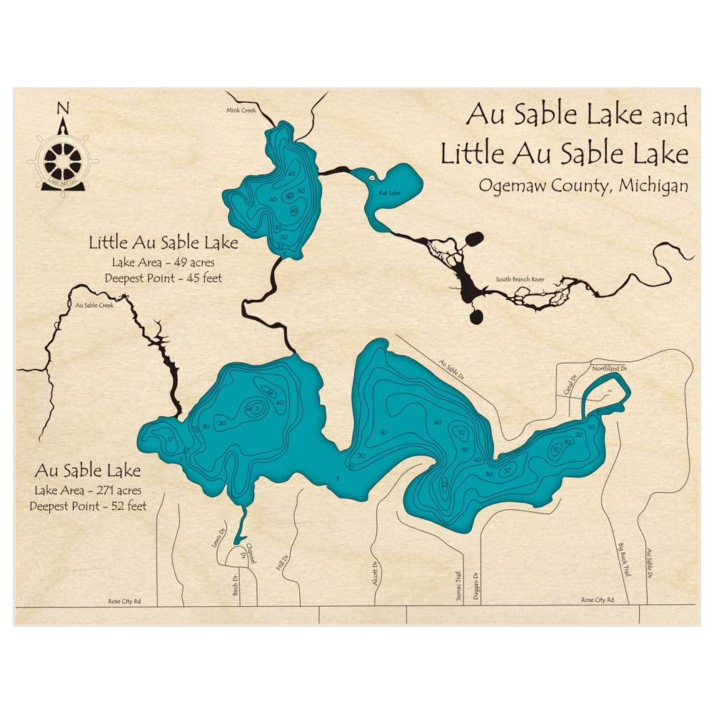 Bathymetric topo map of Au Sable Lake (With Little Au Sable Lake) with roads, towns and depths noted in blue water