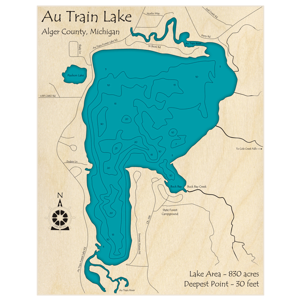 Bathymetric topo map of Au Train Lake with roads, towns and depths noted in blue water
