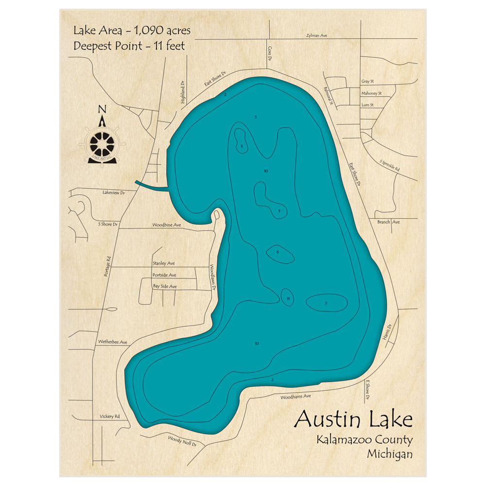 Bathymetric topo map of Austin Lake with roads, towns and depths noted in blue water