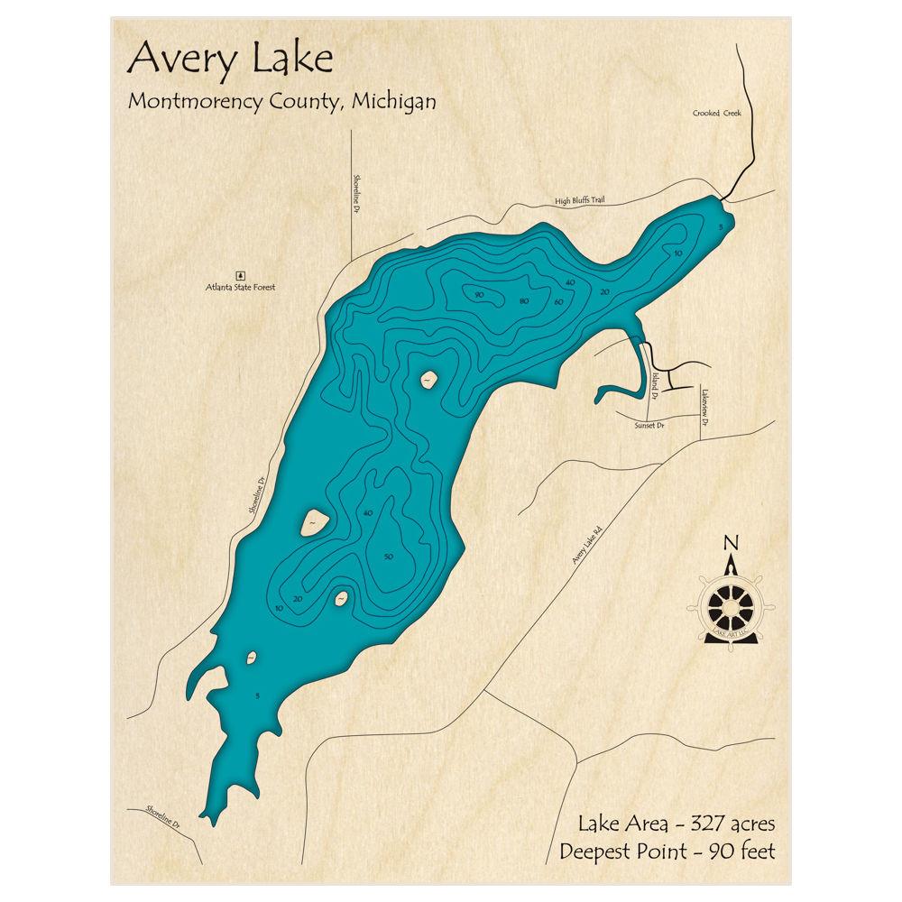 Bathymetric topo map of Avery Lake with roads, towns and depths noted in blue water