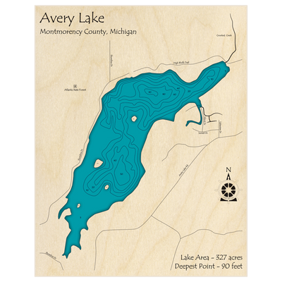 Bathymetric topo map of Avery Lake with roads, towns and depths noted in blue water