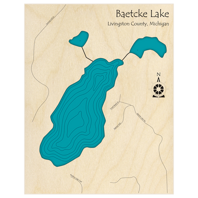 Bathymetric topo map of Baetcke Lake  with roads, towns and depths noted in blue water