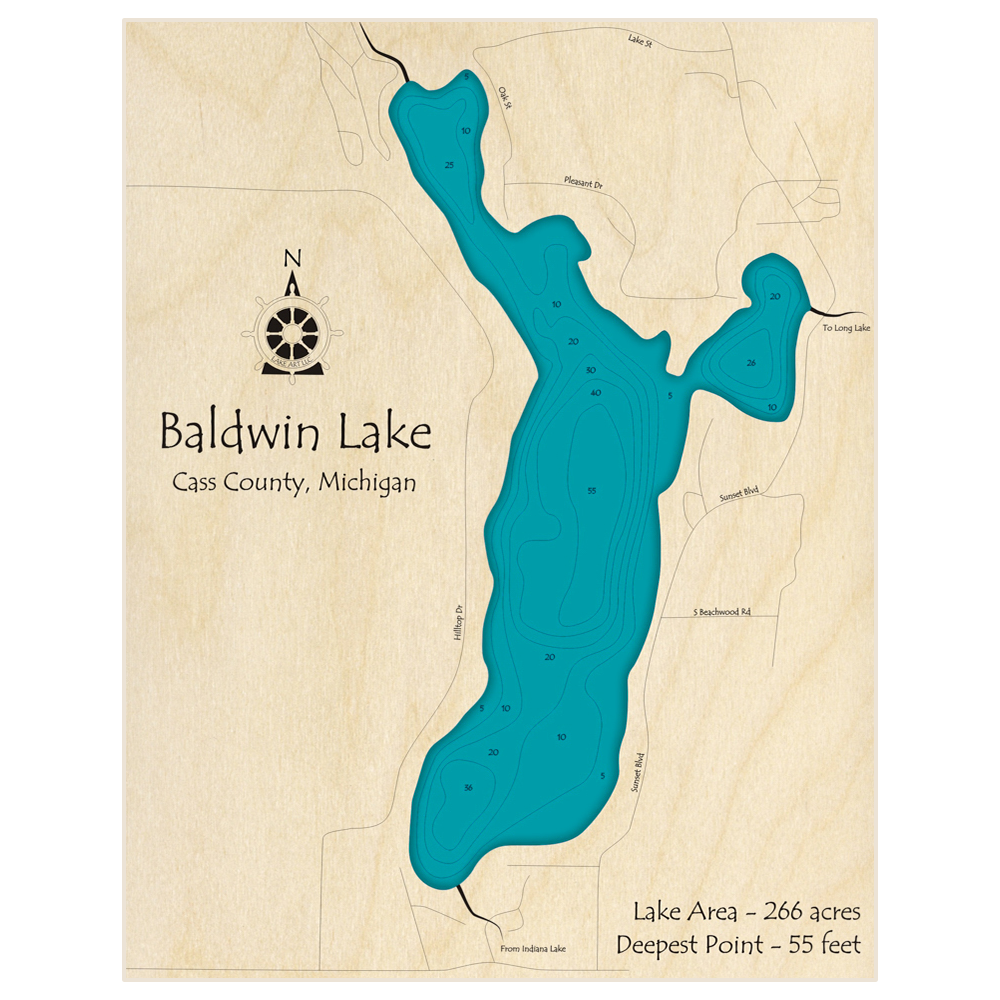 Bathymetric topo map of Baldwin Lake with roads, towns and depths noted in blue water