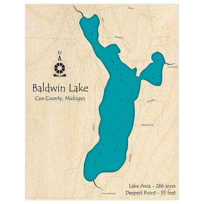 Bathymetric topo map of Baldwin Lake with roads, towns and depths noted in blue water