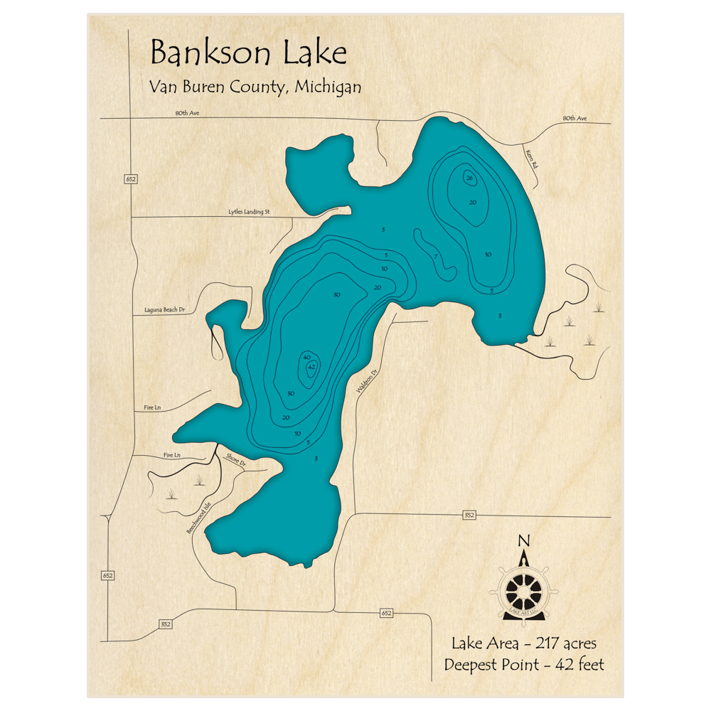Bathymetric topo map of Bankson Lake with roads, towns and depths noted in blue water