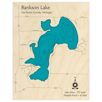 Bathymetric topo map of Bankson Lake with roads, towns and depths noted in blue water