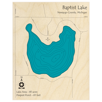 Bathymetric topo map of Baptist Lake with roads, towns and depths noted in blue water