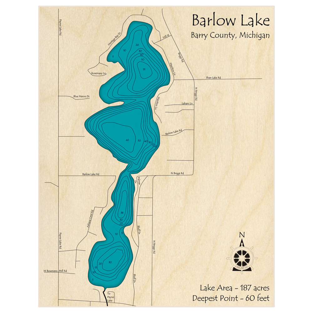 Bathymetric topo map of Barlow Lake with roads, towns and depths noted in blue water