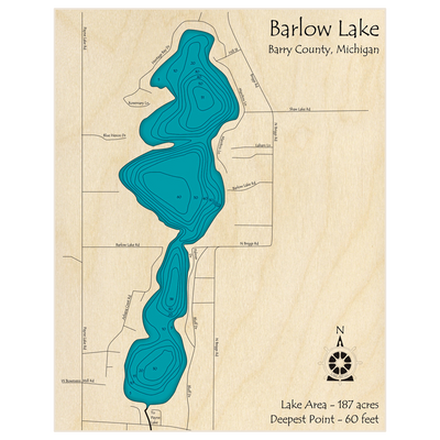 Bathymetric topo map of Barlow Lake with roads, towns and depths noted in blue water