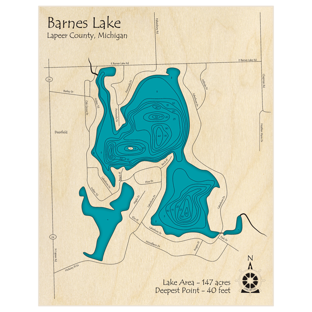 Bathymetric topo map of Barnes Lake with roads, towns and depths noted in blue water