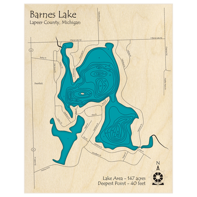 Bathymetric topo map of Barnes Lake with roads, towns and depths noted in blue water