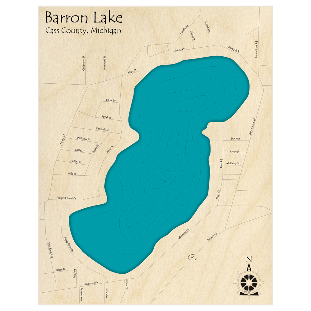 Bathymetric topo map of Barron Lake  with roads, towns and depths noted in blue water