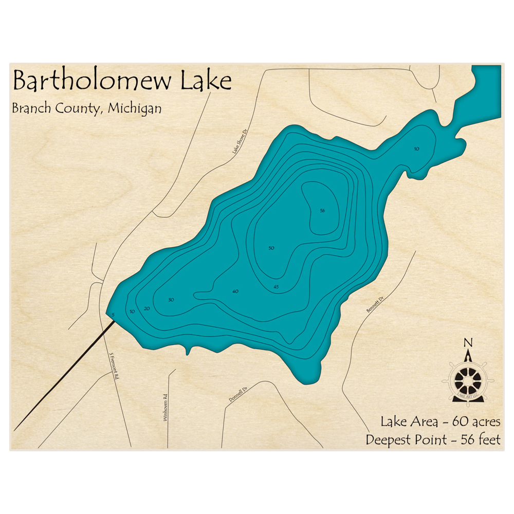 Bathymetric topo map of Bartholomew Lake with roads, towns and depths noted in blue water