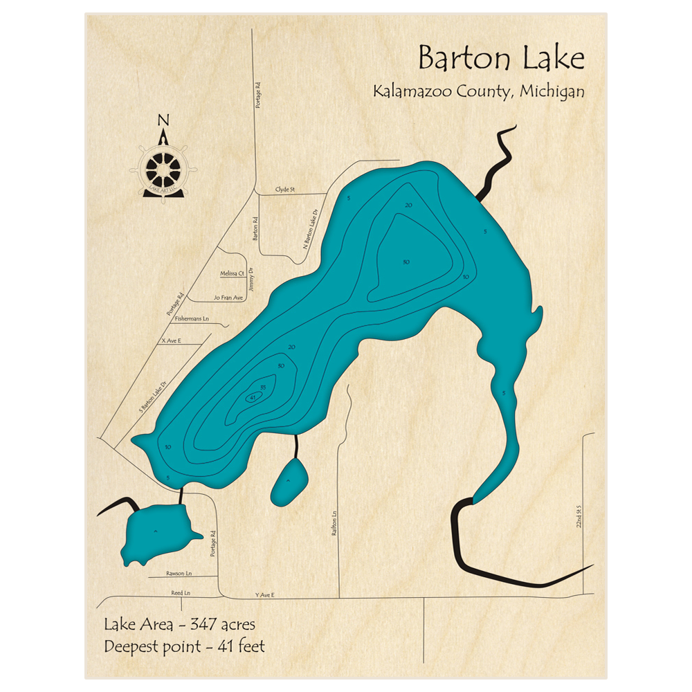 Bathymetric topo map of Barton Lake with roads, towns and depths noted in blue water