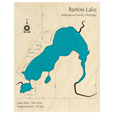 Bathymetric topo map of Barton Lake with roads, towns and depths noted in blue water