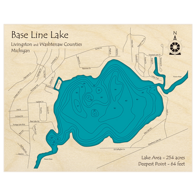 Bathymetric topo map of Base Line Lake with roads, towns and depths noted in blue water