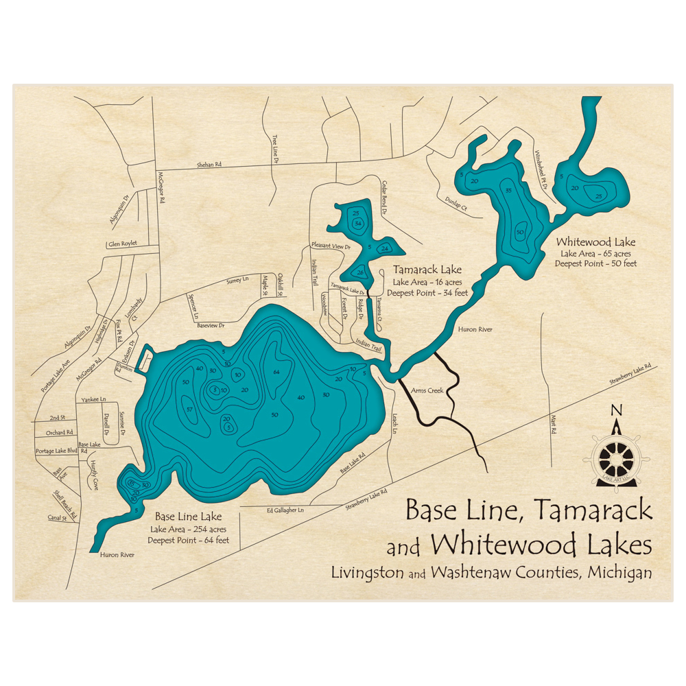 Bathymetric topo map of Base Line Lake (With Tamarack and Whitewood Lakes) with roads, towns and depths noted in blue water
