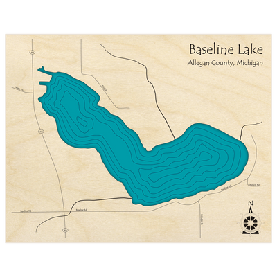 Bathymetric topo map of Baseline Lake  with roads, towns and depths noted in blue water