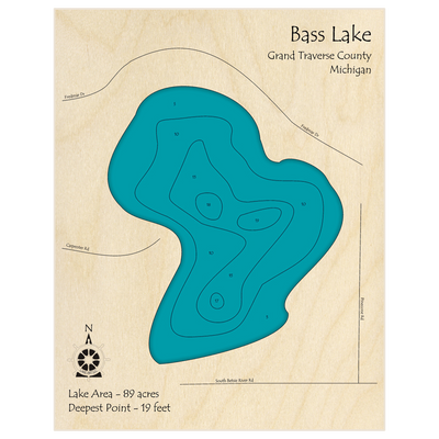 Bathymetric topo map of Bass Lake (By Carpenter Road) with roads, towns and depths noted in blue water