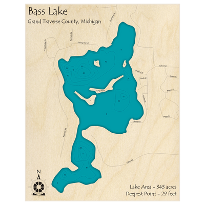 Bathymetric topo map of Bass Lake (South of Dyer Lake) with roads, towns and depths noted in blue water