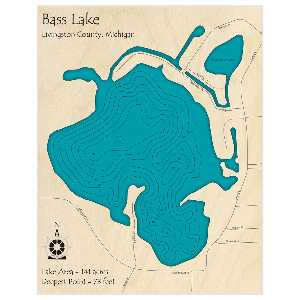 Bathymetric topo map of Bass Lake with roads, towns and depths noted in blue water