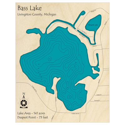 Bathymetric topo map of Bass Lake with roads, towns and depths noted in blue water