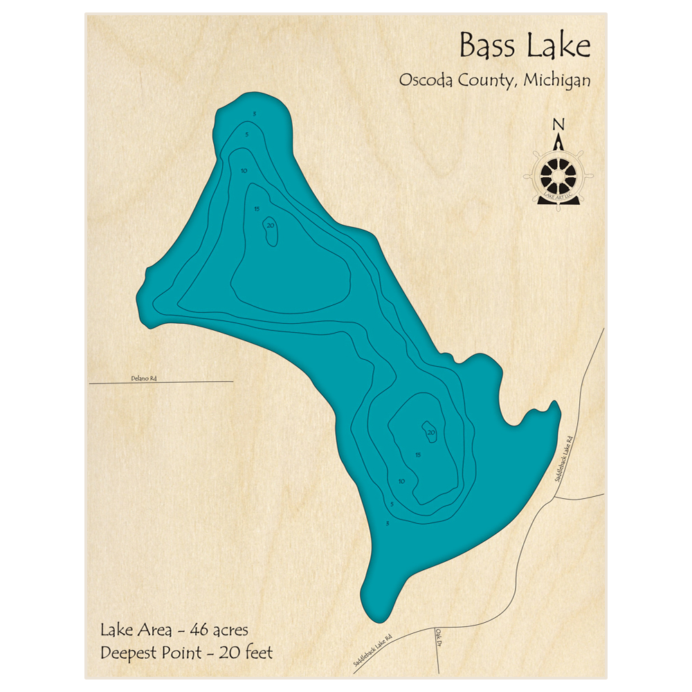 Bathymetric topo map of Bass Lake with roads, towns and depths noted in blue water