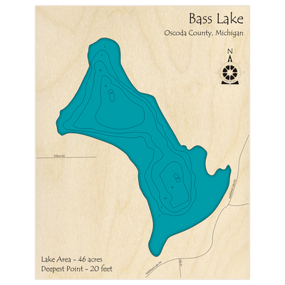 Bathymetric topo map of Bass Lake with roads, towns and depths noted in blue water