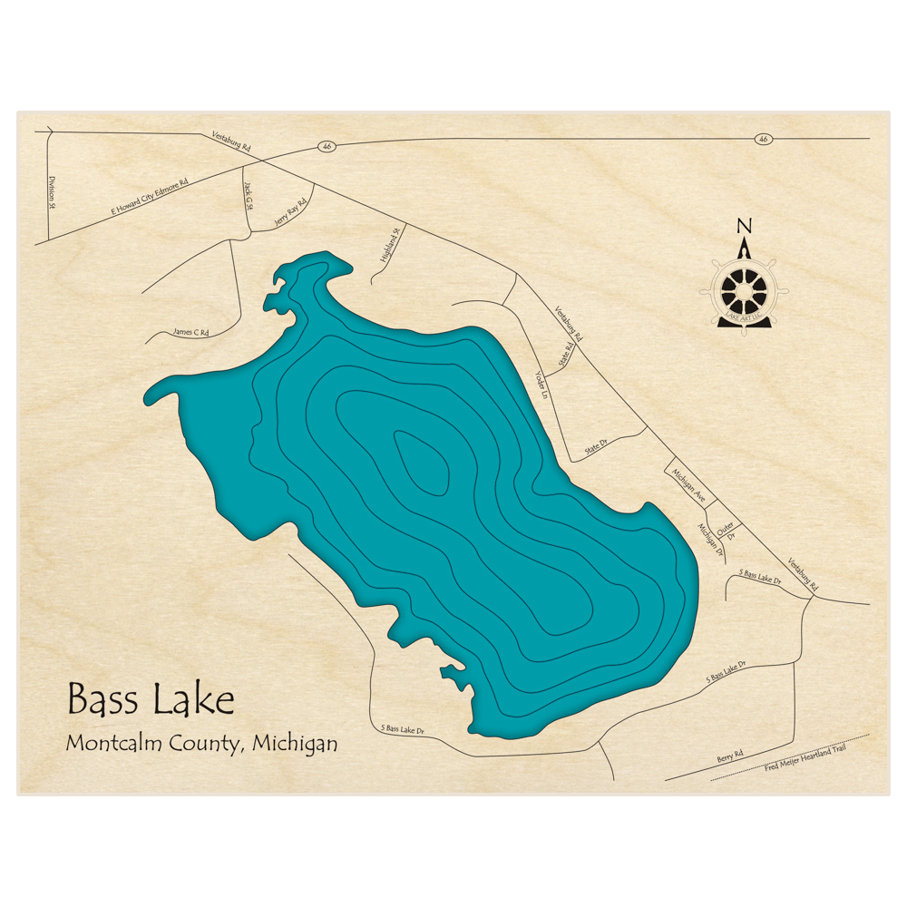 Bathymetric topo map of Bass Lake (near Vestaburg) with roads, towns and depths noted in blue water