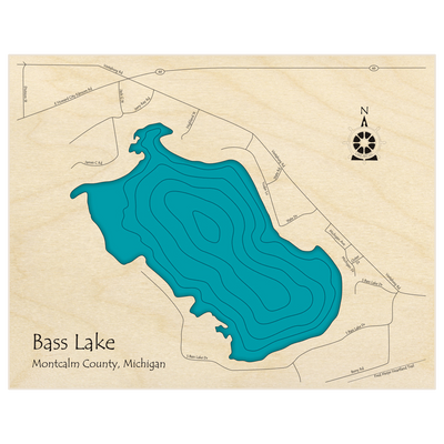 Bathymetric topo map of Bass Lake (near Vestaburg) with roads, towns and depths noted in blue water