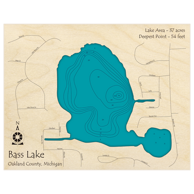 Bathymetric topo map of Bass Lake with roads, towns and depths noted in blue water