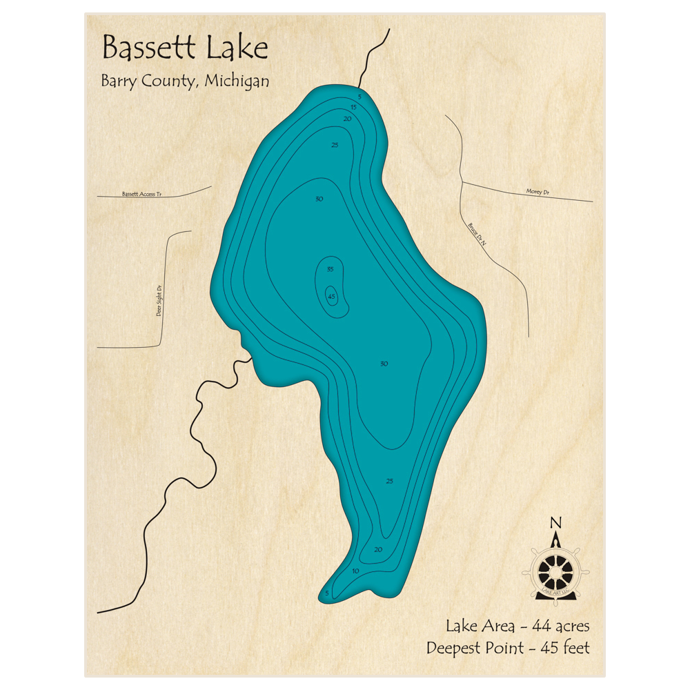 Bathymetric topo map of Bassett Lake with roads, towns and depths noted in blue water