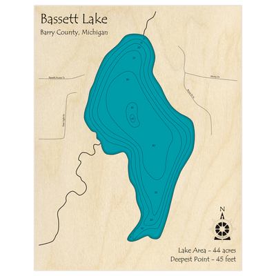 Bathymetric topo map of Bassett Lake with roads, towns and depths noted in blue water