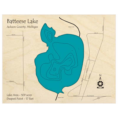 Bathymetric topo map of Batteese Lake with roads, towns and depths noted in blue water