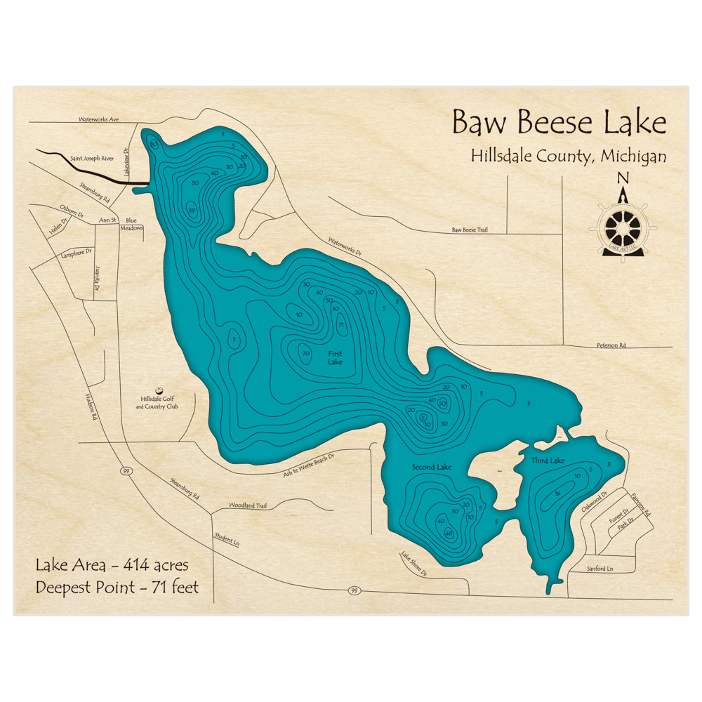 Bathymetric topo map of Baw Beese Lake with roads, towns and depths noted in blue water