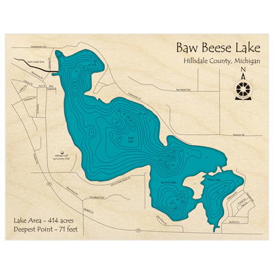 Bathymetric topo map of Baw Beese Lake with roads, towns and depths noted in blue water