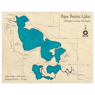 Bathymetric topo map of Baw Beese Lake (1st, 2nd, 3rd, and 4th and Boot Lake) with roads, towns and depths noted in blue water