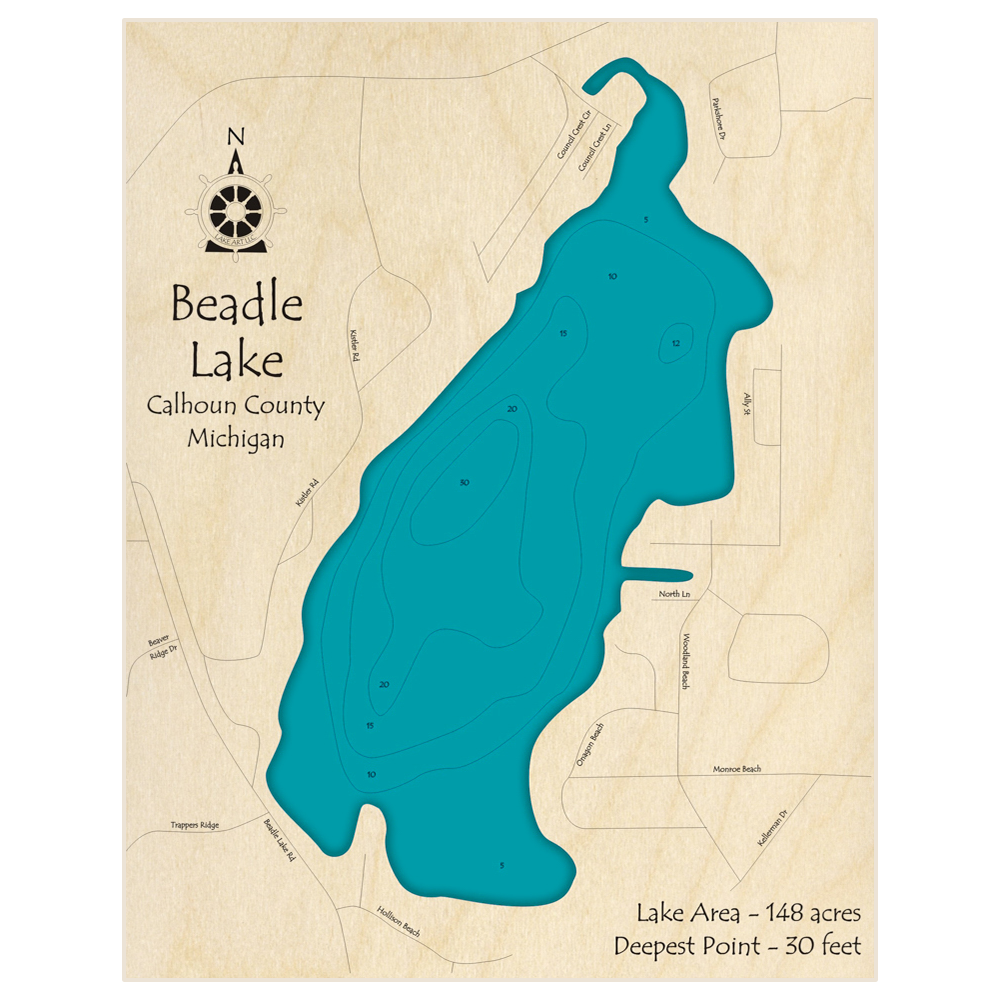 Bathymetric topo map of Beadle Lake with roads, towns and depths noted in blue water
