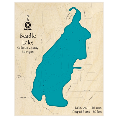 Bathymetric topo map of Beadle Lake with roads, towns and depths noted in blue water
