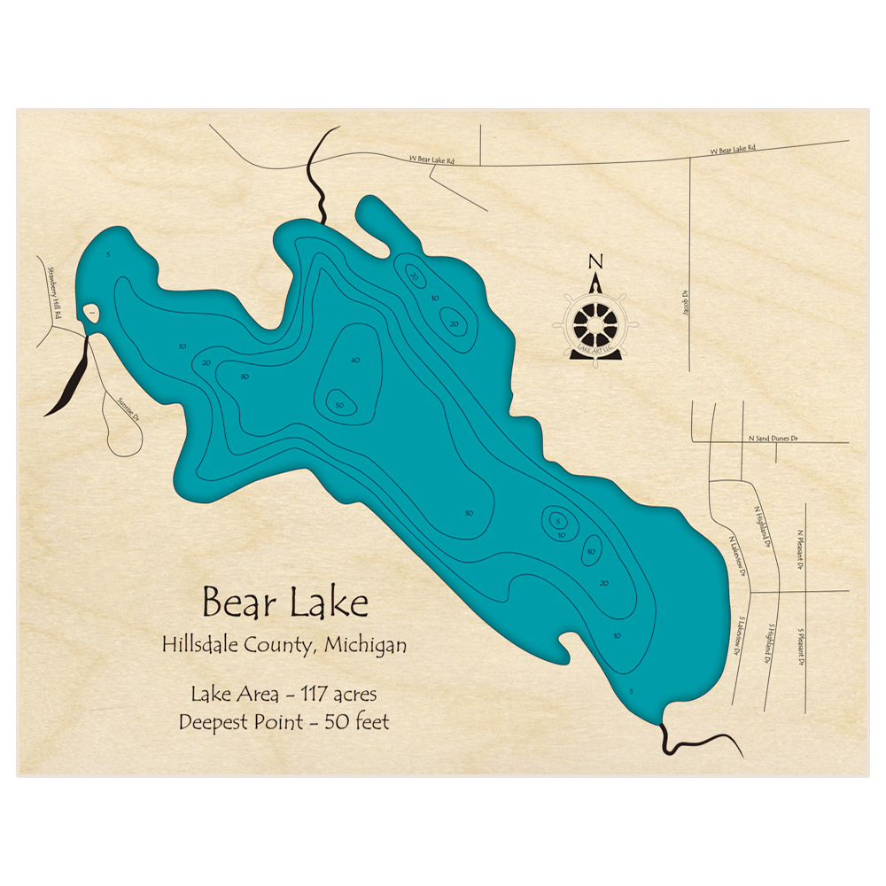Bathymetric topo map of Bear Lake with roads, towns and depths noted in blue water