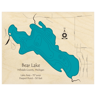 Bathymetric topo map of Bear Lake with roads, towns and depths noted in blue water