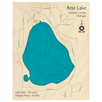 Bathymetric topo map of Bear Lake with roads, towns and depths noted in blue water