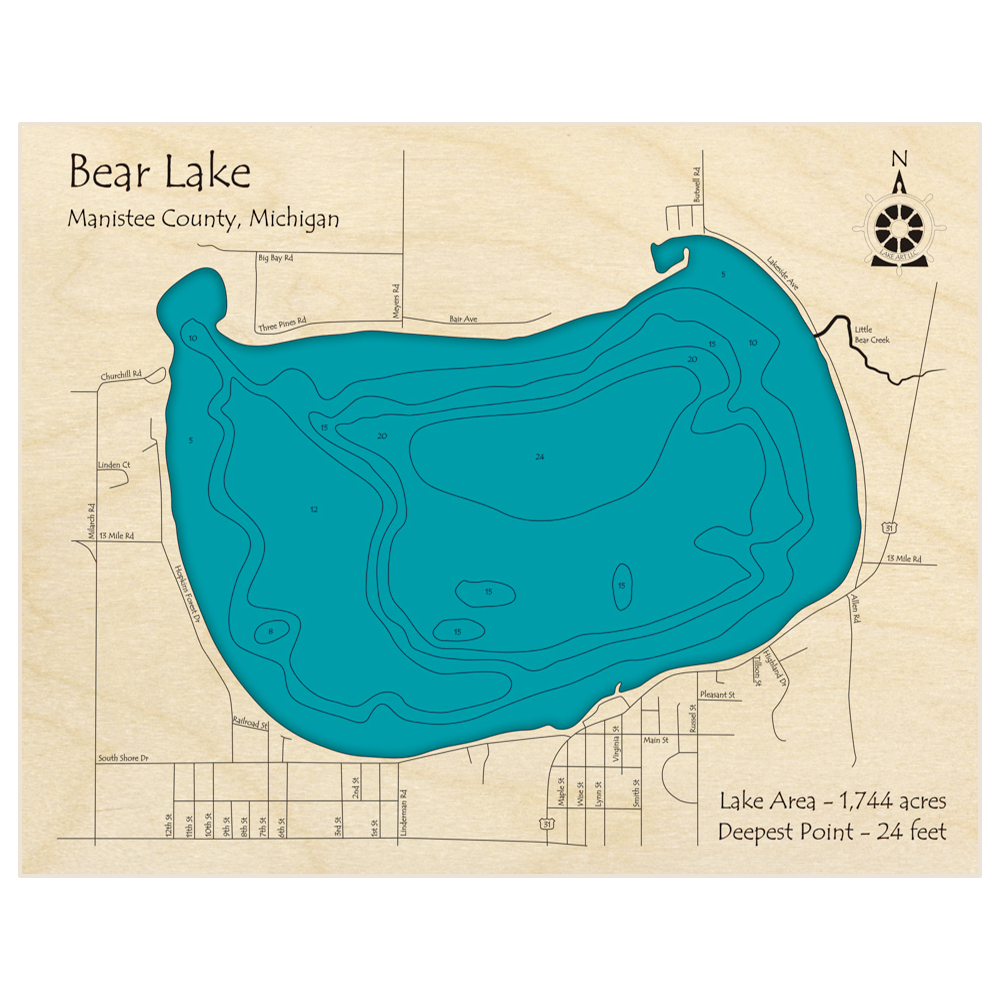 Bathymetric topo map of Bear Lake with roads, towns and depths noted in blue water