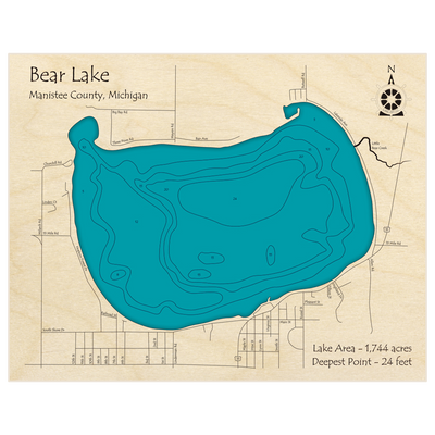 Bathymetric topo map of Bear Lake with roads, towns and depths noted in blue water