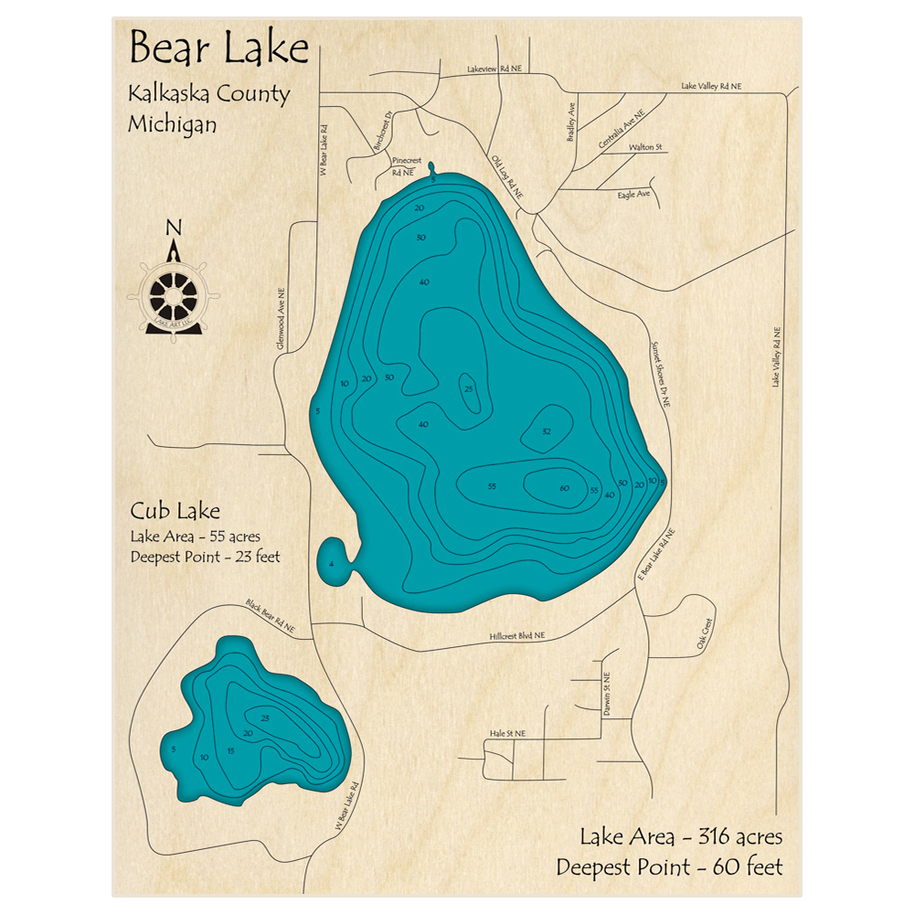 Bathymetric topo map of Bear Lake (With Cub Lake) with roads, towns and depths noted in blue water
